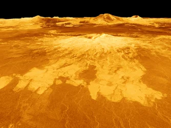 Computergenerierte Ansicht der Oberfläche des Planeten Venus, dominiert vom Vulkan Sapas Mons. Wissenschaft Geologie